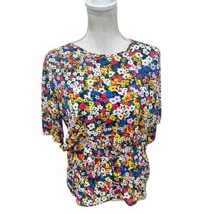 Ann Taylor Multicolor Floral short sleeve Blouse elastic waist peplum sz medium